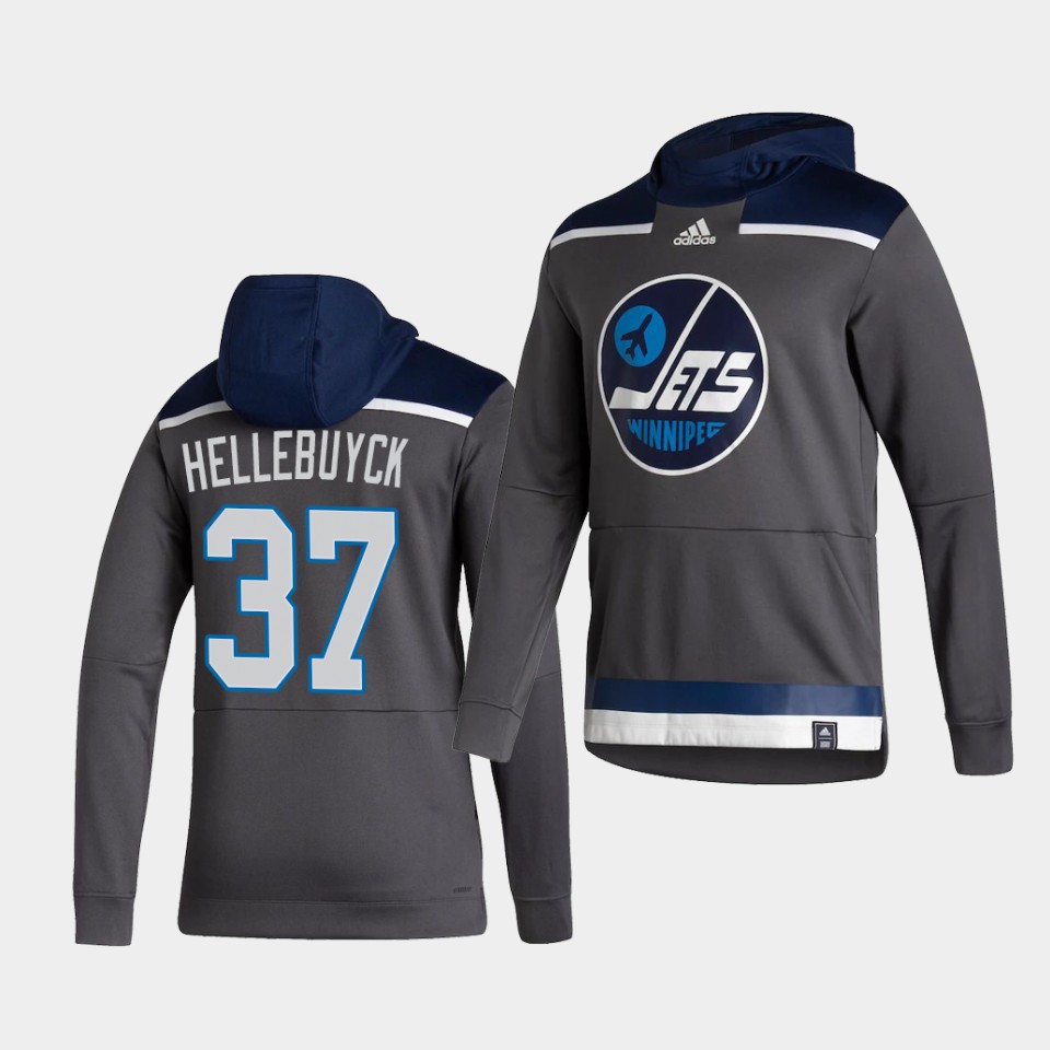 Men Winnipeg Jets #37 Hellebuyck Grey NHL 2021 Adidas Pullover Hoodie Jersey